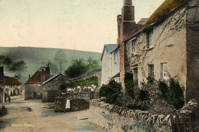 Tinted postcard of South Pool village. Young girl standing by wall. Postmark 18.08.1916